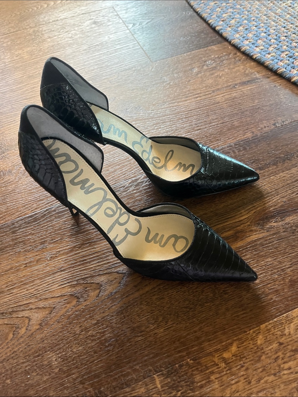 Sam Edelman Black Croc-Textured D'Orsay Pointed Pumps